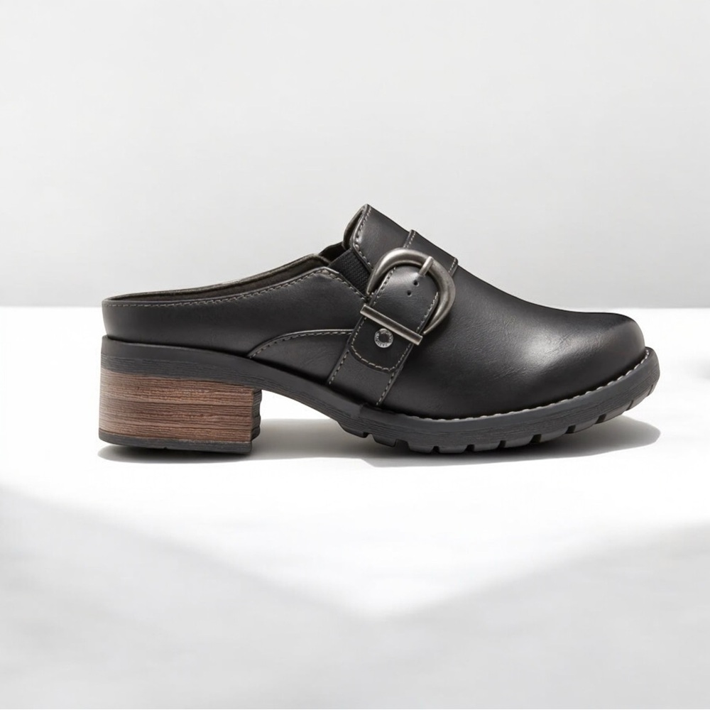 Eastland Black Erin Mule Sz 8.5 Buckle Block Heel‎ Clog Memory Foam Comfy synth.
